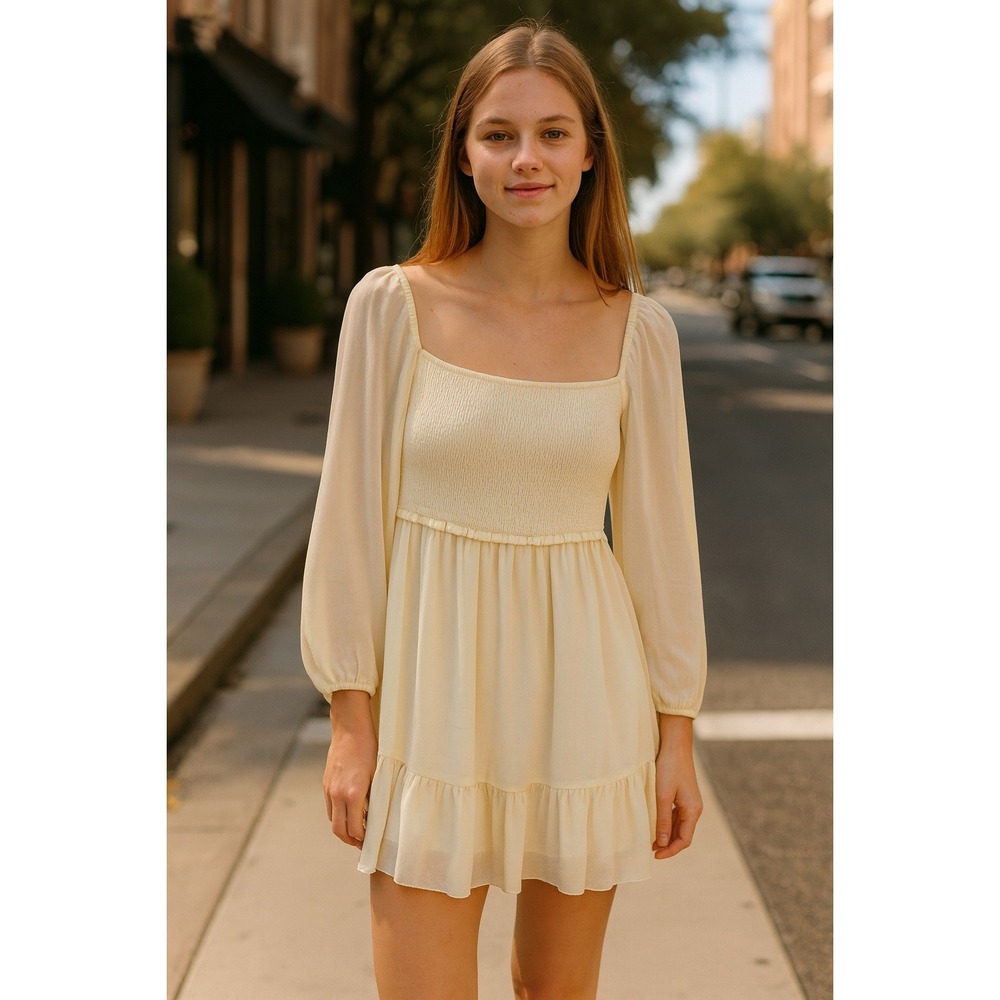 Aritzia Wilfred Tempest Dress Womens Small Pale Yellow Smocked‎ Mini Chiffon
